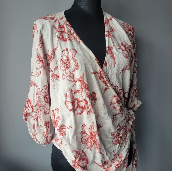 Zara floral linen blend wrap top -Size xs - Picture 3 of 12